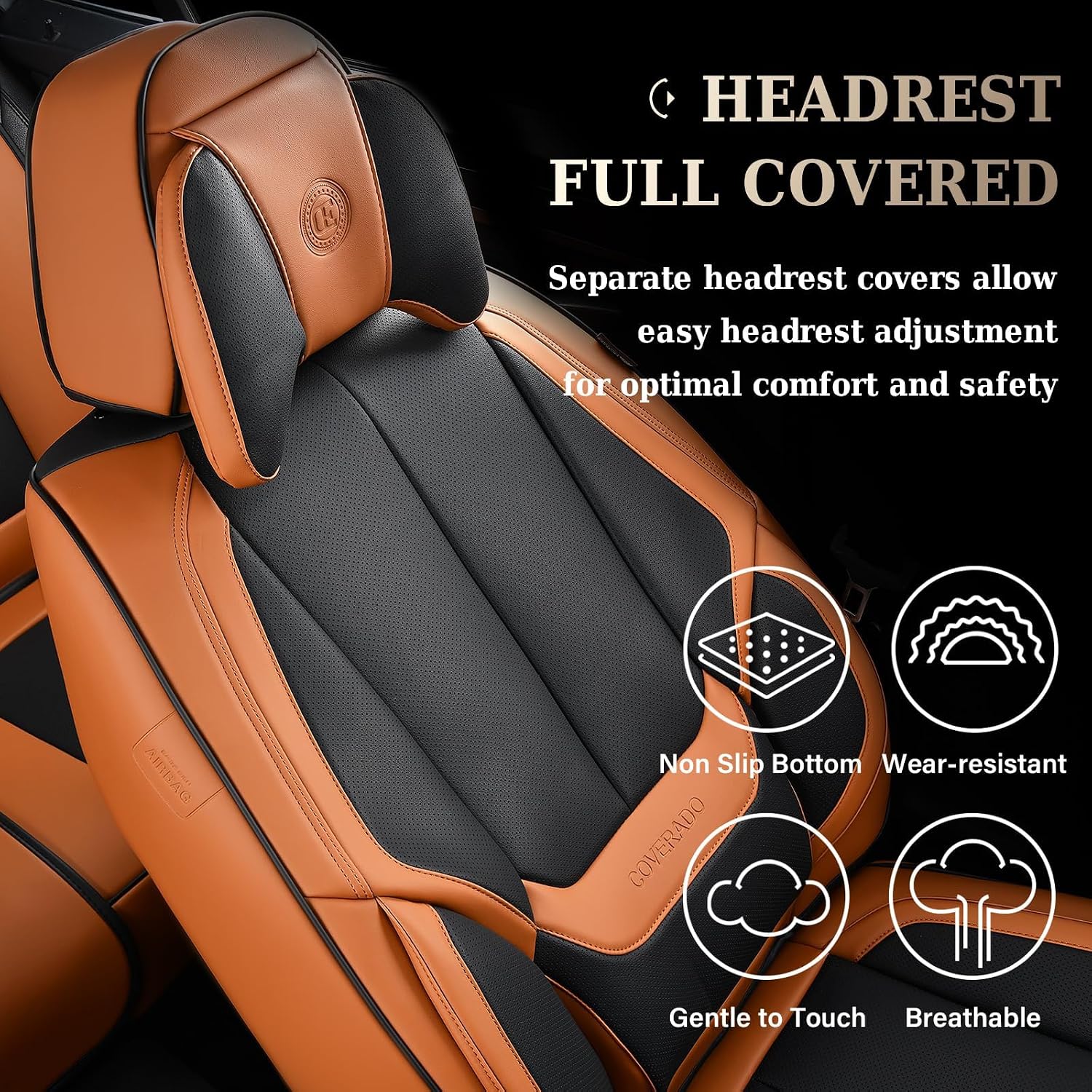 Detalle 1 de Coverado Universal Seat Covers Full Set (5 Seats) in Waterproof Nappa Leather—Black & Brown