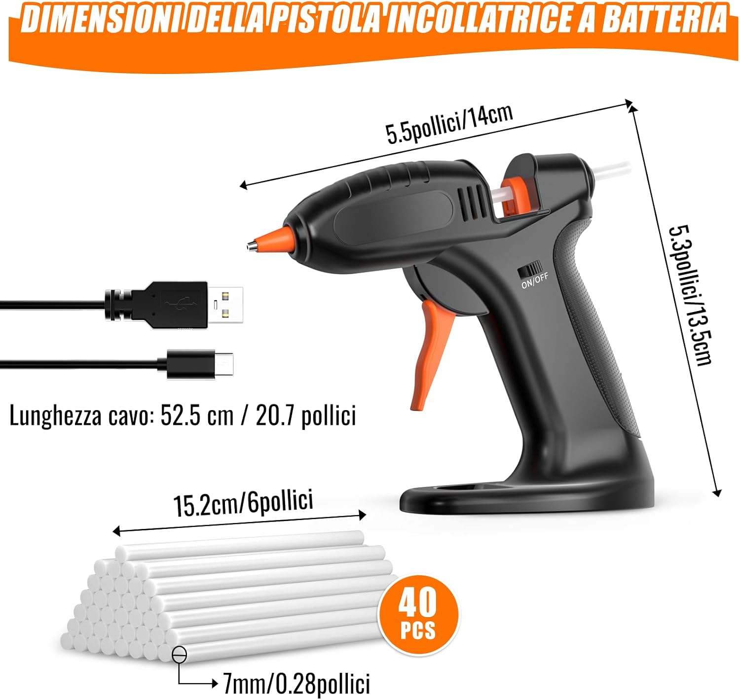 Detalle de BURNNOVE Pistola per Colla a Caldo Senza Fili: 3000mAh, USB-C e 40 bastoncini 7×150mm per bricolage