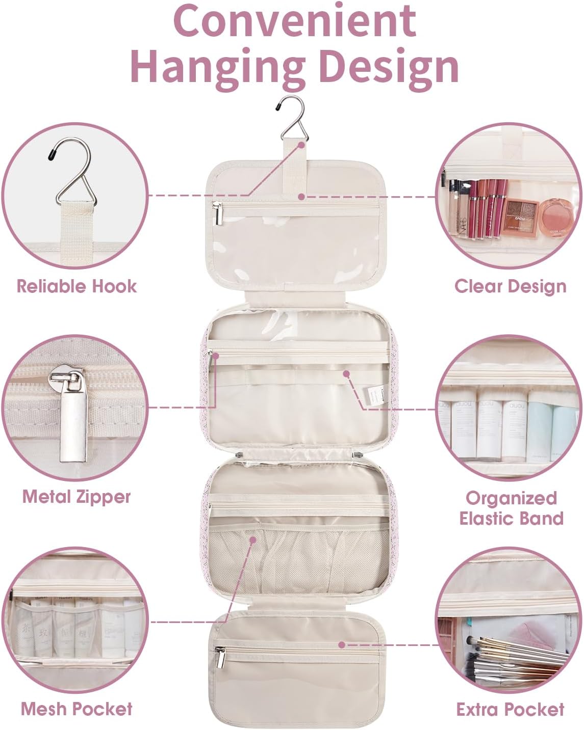 Thumbnail 5 de Narwey Large Hanging Travel Toiletry Bag for Women – Pink Buds (Large)
