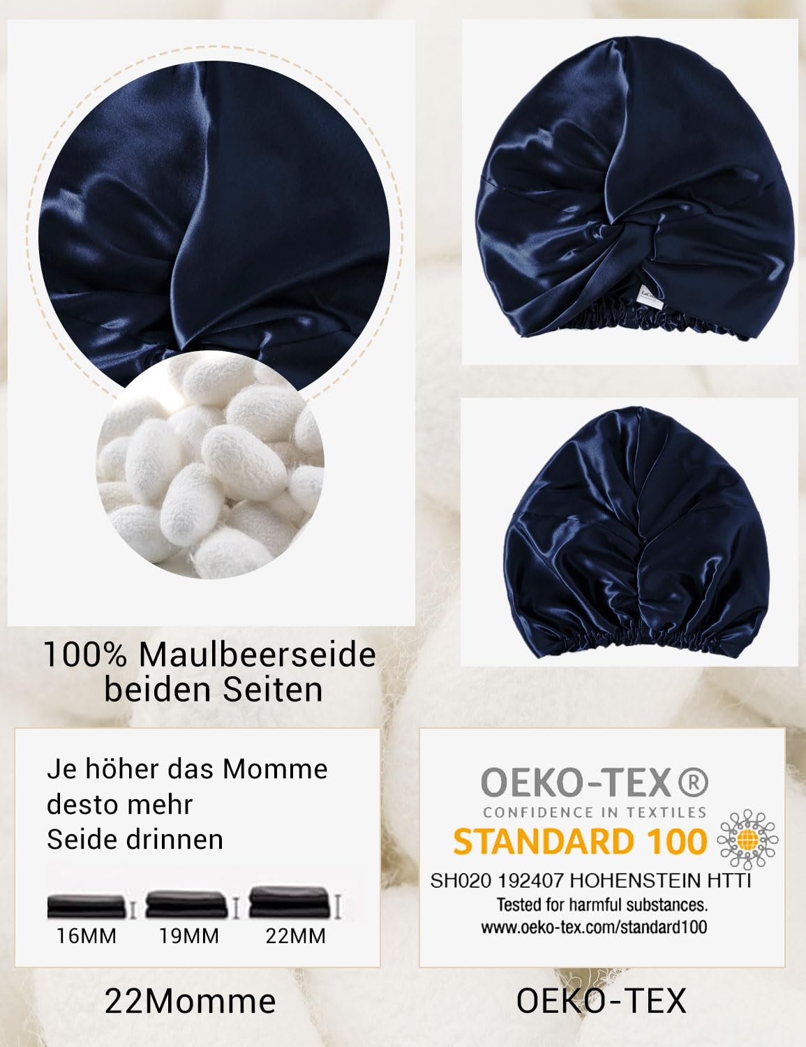 Detalle 2 de LaCourse verstellbare Schlafhaube aus 100% Maulbeerseide (22 Momme, 6A) in Blau – mit rutschfestem Gummiband