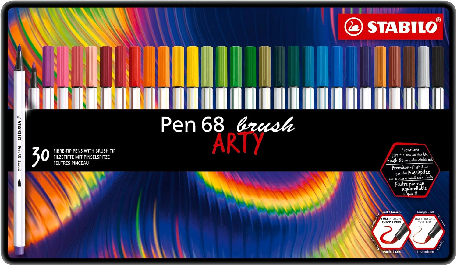 Thumbnail 1 de Stabilo Pen 68 brush ARTY – Pennarello premium con punta a pennello, scatola metallo da 30 colori assortiti