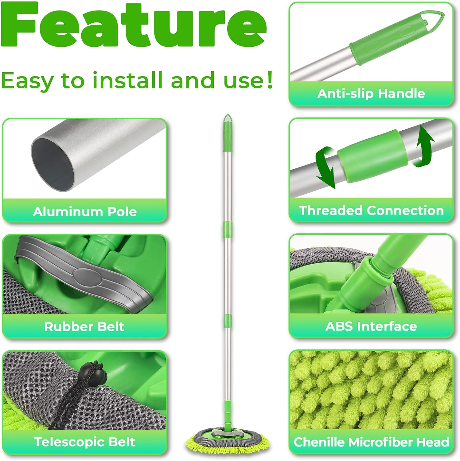 Thumbnail 2 de Bemece Car Wash Brush Kit with 43.3" Telescopic Handle (2-in-1 Chenille Microfiber Mop Heads)