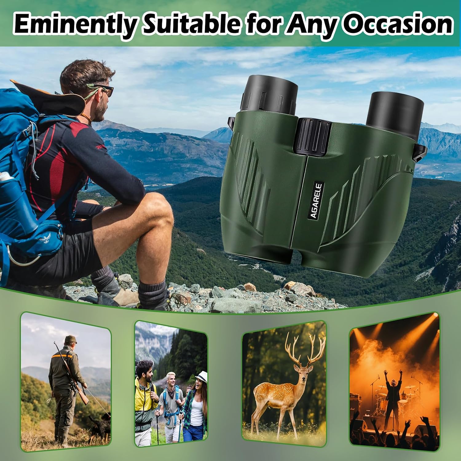 Thumbnail 6 de Binoculars for Adults and Kids: 10x25 Compact Binoculars for Bird Watching, Theatre, Concerts, and More (Green)