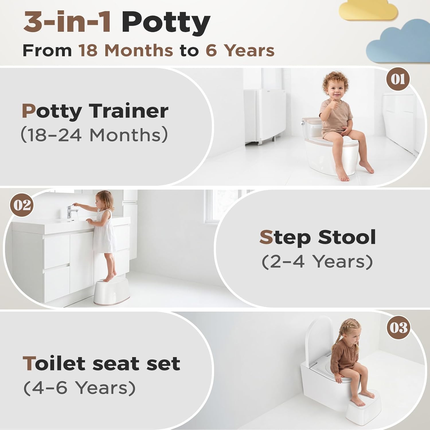 Thumbnail 2 de 3-in-1 Potty Training Stool for Toddlers with Flush Sound, Wipes Storage, and Toilet Paper Holder (Brown)