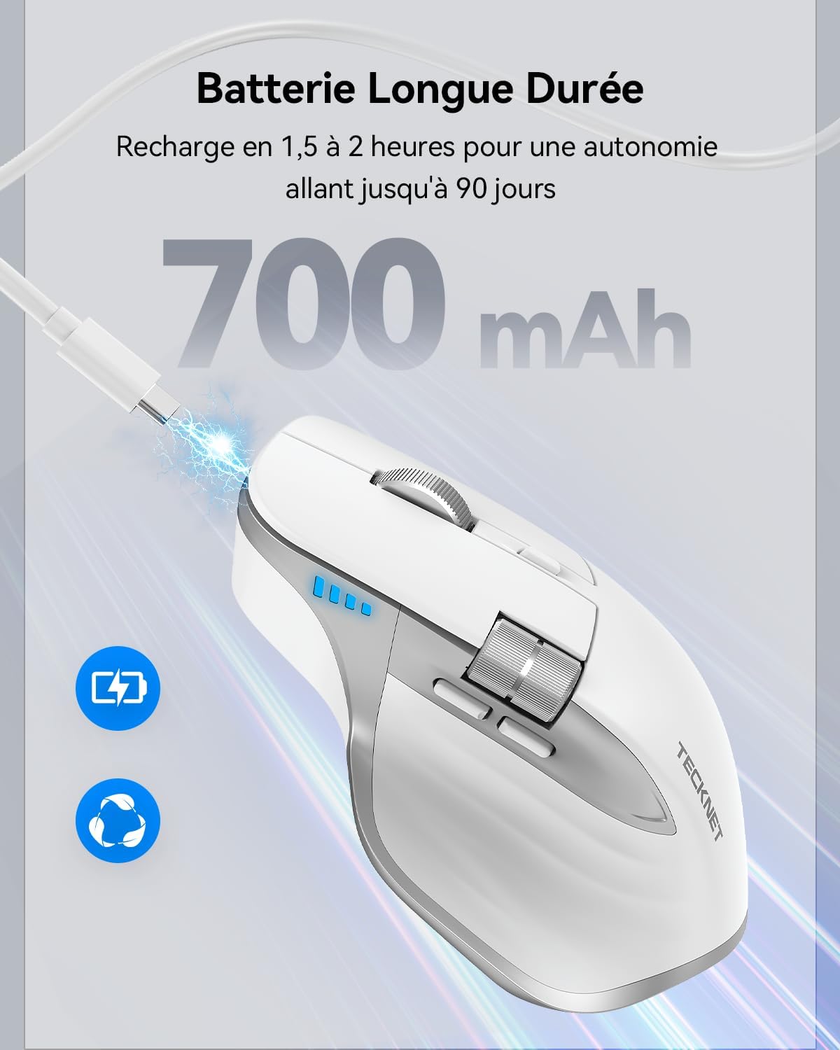 Detalle de TECKNET Souris Bluetooth Ergonomique 3 modes : 4800 DPI, silencieuse et rechargeable