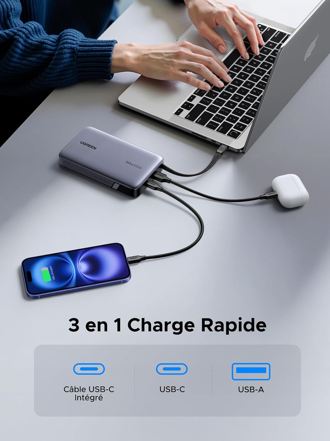 Detalle de UGREEN Nexode 145 W powerbank 20.000 mAh met geïntegreerde USB-C-kabel