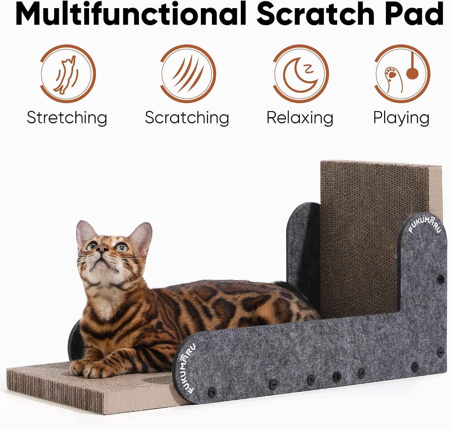 Thumbnail 1 de FUKUMARU L-Shaped Cat Scratcher (68 cm) Wall Scratch Pad with Felt Edge & Furniture Protection – Grey