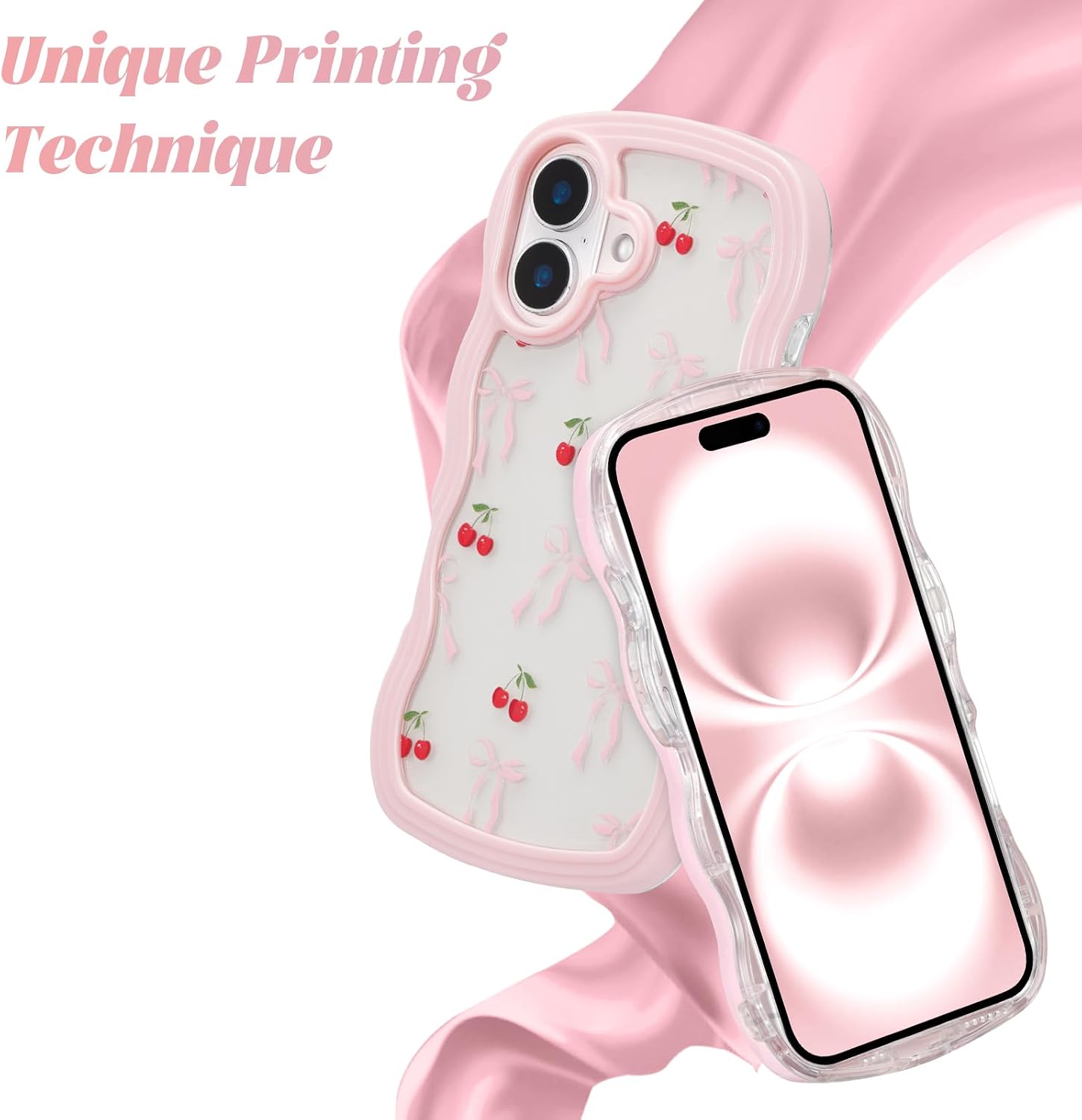 Detalle 2 de ZTOFERA Hülle für iPhone 16 Plus (6,7 Zoll) – Klar mit Kirsch‑Schleife, Harte PC‑Rahmen + Pink
