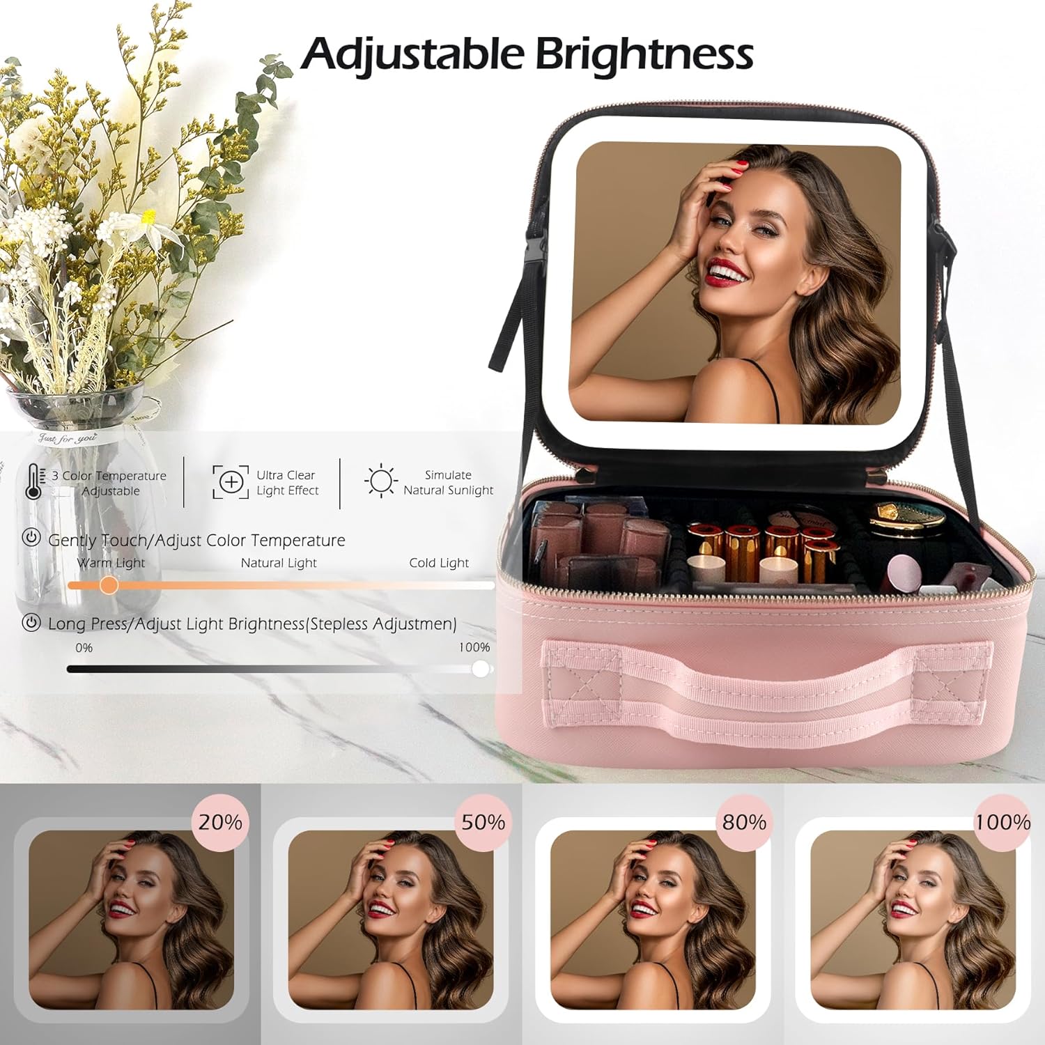 Thumbnail 3 de MOMIRA Travel Makeup Bag with Lighted Mirror – Pink