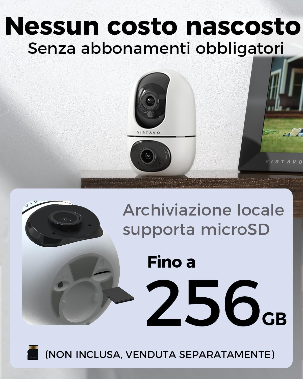 Detalle 2 de VIRTAVO XD1: Telecamera WiFi interno a doppio obiettivo per sorveglianza domestica 360°