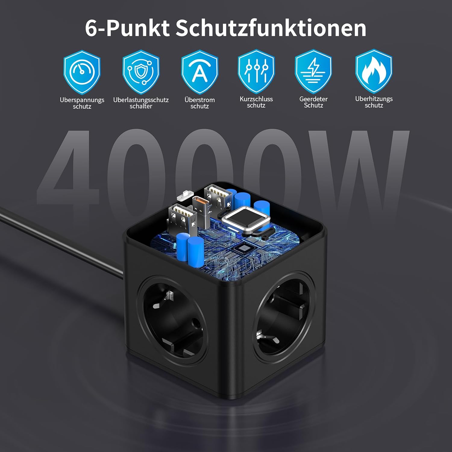 Detalle de Steckdosenwürfel mit USB – 6-in-1 USB-Steckdosenleiste, 3x EU-Steckdosen + 2x USB-A + 1x USB-C, 3680 W, PD 20 W, 2 m Kabel, Schutz