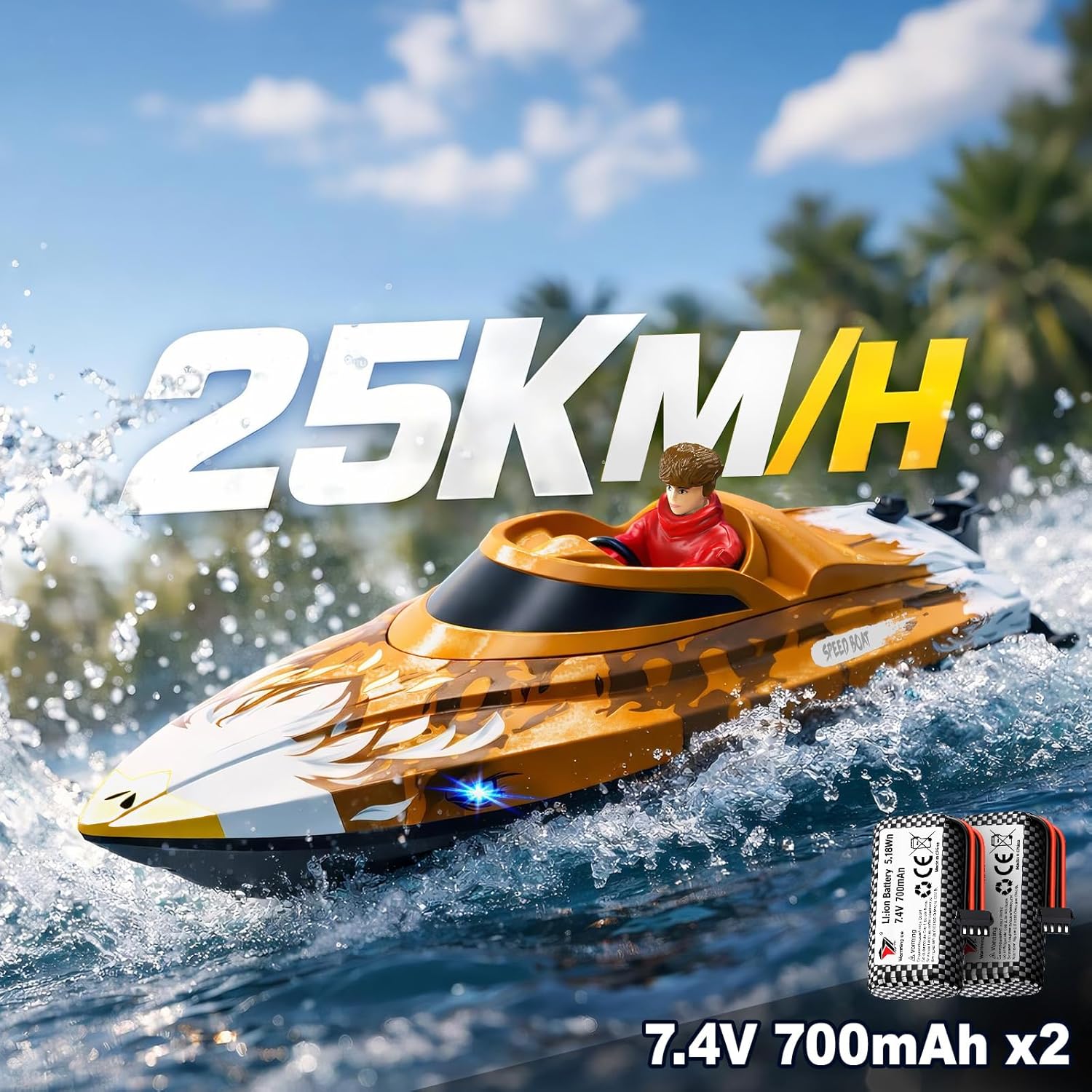 Detalle de YESHIN Bateau Radiocommandé 25 km/h –Séries LED, 2,4 GHz, 40 min d'autonomie et mode flip