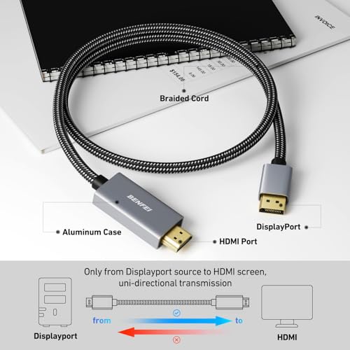 Detalle de BENFEI Cable DisplayPort a HDMI 4K DP 1.2 a HDMI 1.4 de 1,8 m (carcasa de aluminio y trenzado de nailon)