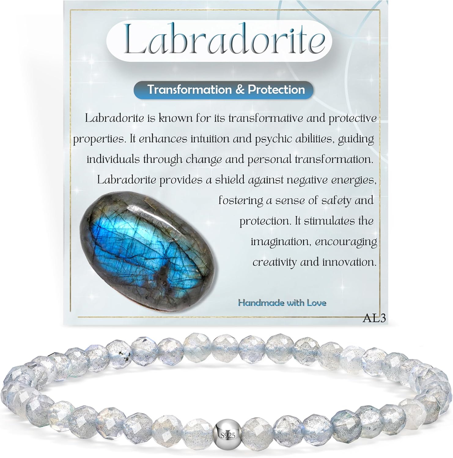 Detalle de Farfume Labradorit 4 mm Edelstein Perlen Armband – Flexibles Silber 925 Schmuckstück für Damen