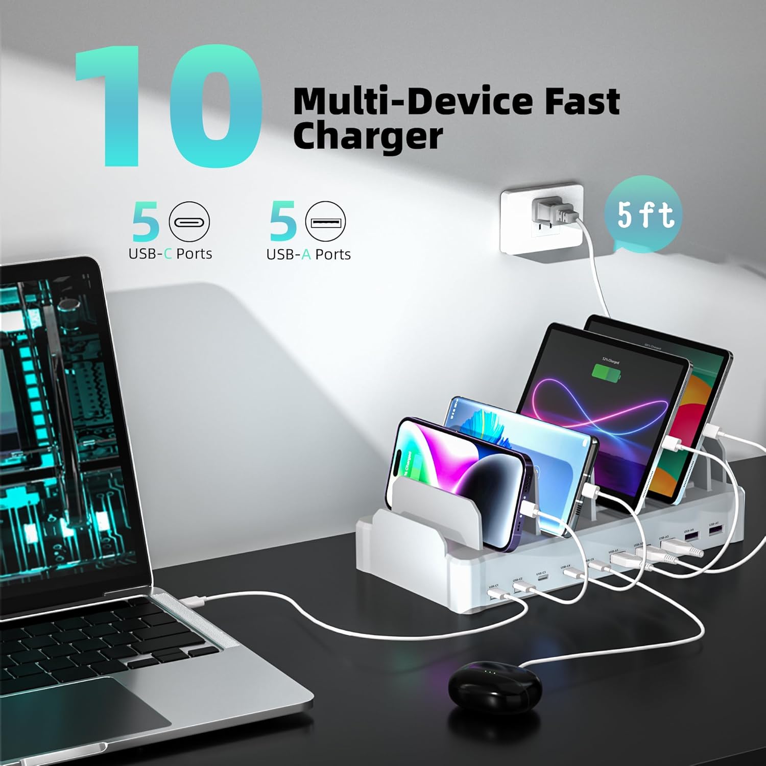 Detalle de Zobirez M10 420W 10-Port USB Charging Station with Dual 65W USB-C