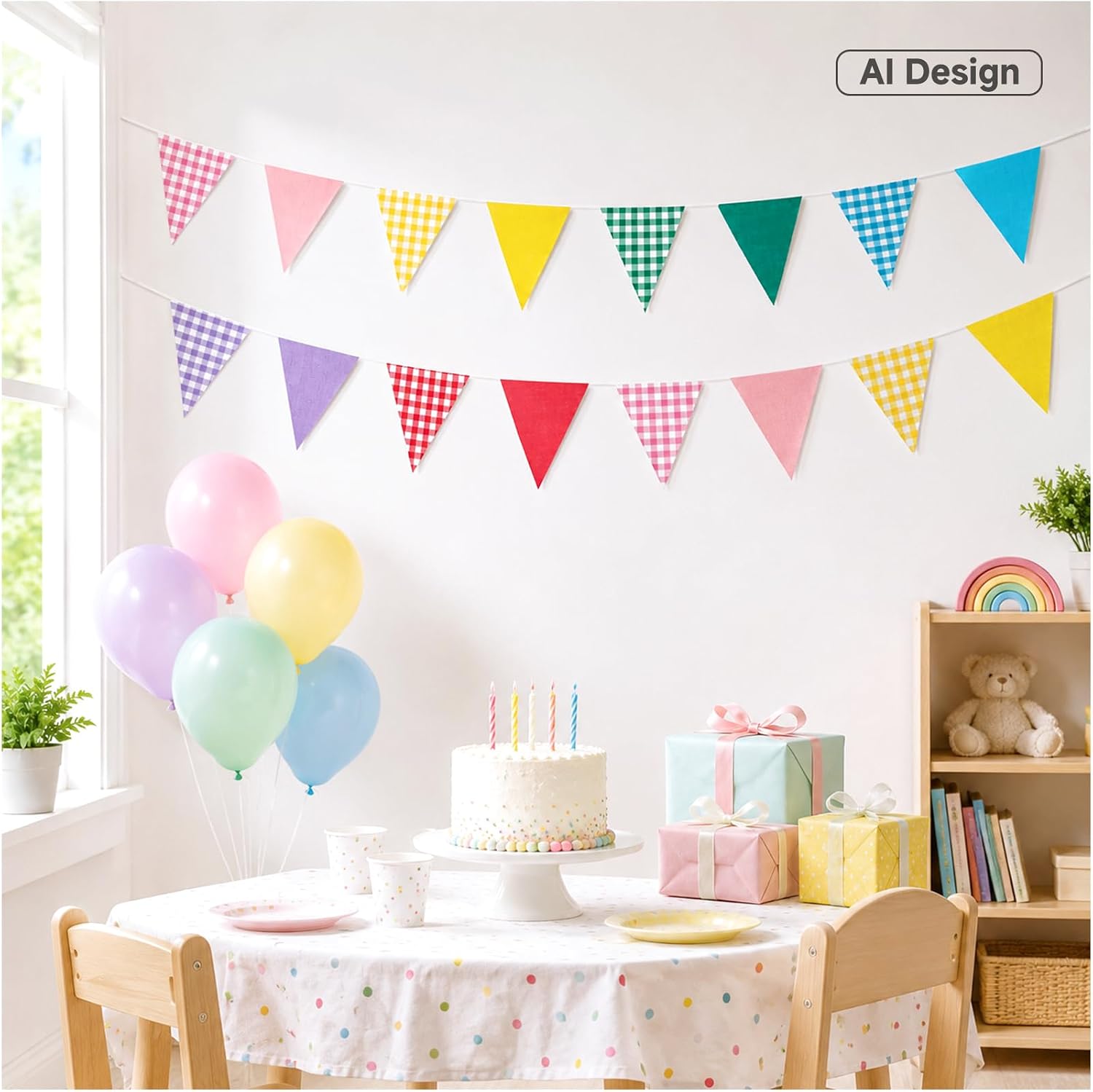 Detalle de G2PLUS Fabric Gingham Bunting Banner 10M Multicoloured – Reusable Vintage Triangle Flags