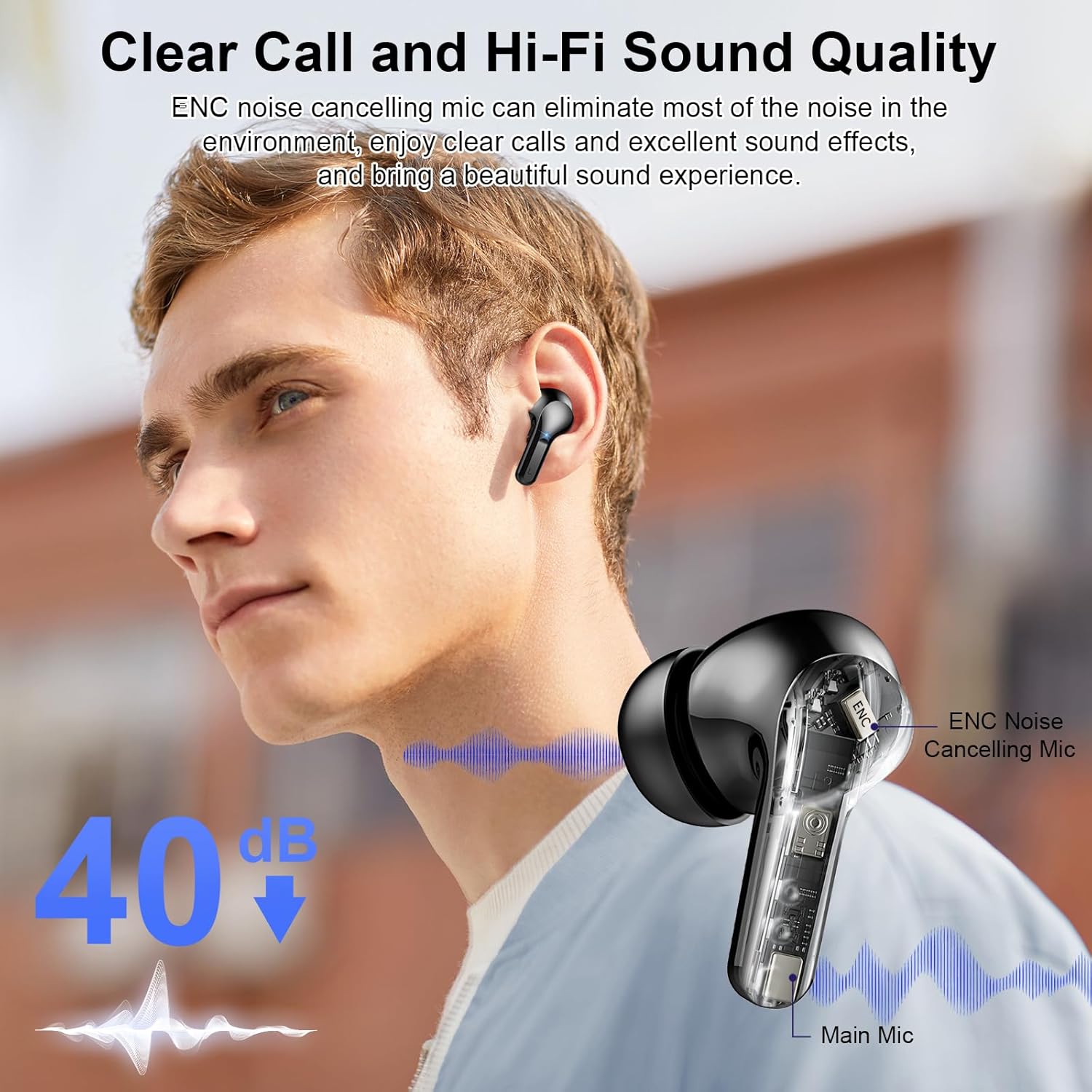 Detalle de Wireless Earbuds with 48Hrs Playtime, Bluetooth 5.4, ENC Noise Cancelling Mic, IP-X7 Waterproof, USB-C - Black