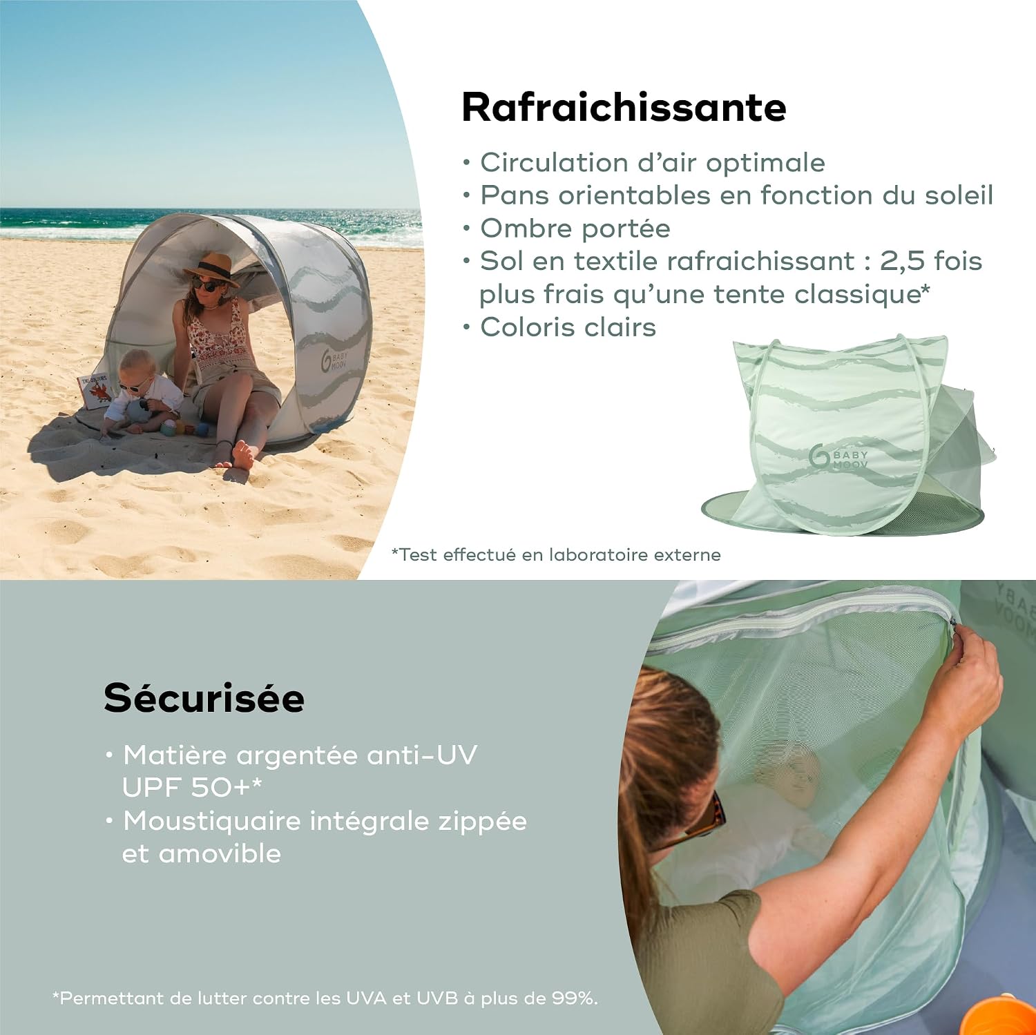 Detalle de Babymoov Tente Anti-UV Bébé rafraîchissante Moov & Protect (UPF 50+, Pop-Up) – Grande tente de plage avec moustiquaire
