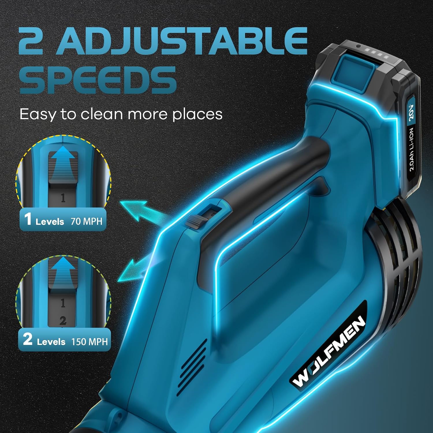 Detalle de WOLFMEN LB-8197 Cordless Leaf Blower, 20V, Two Batteries, Two Speeds