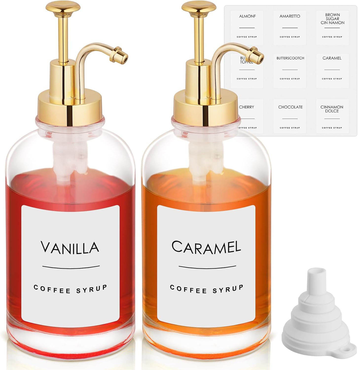 Detalle de Coffee Syrup Dispenser Set with Gold Pumps (2 x 16.9 oz) – Glass Bottles, Funnels & Labels