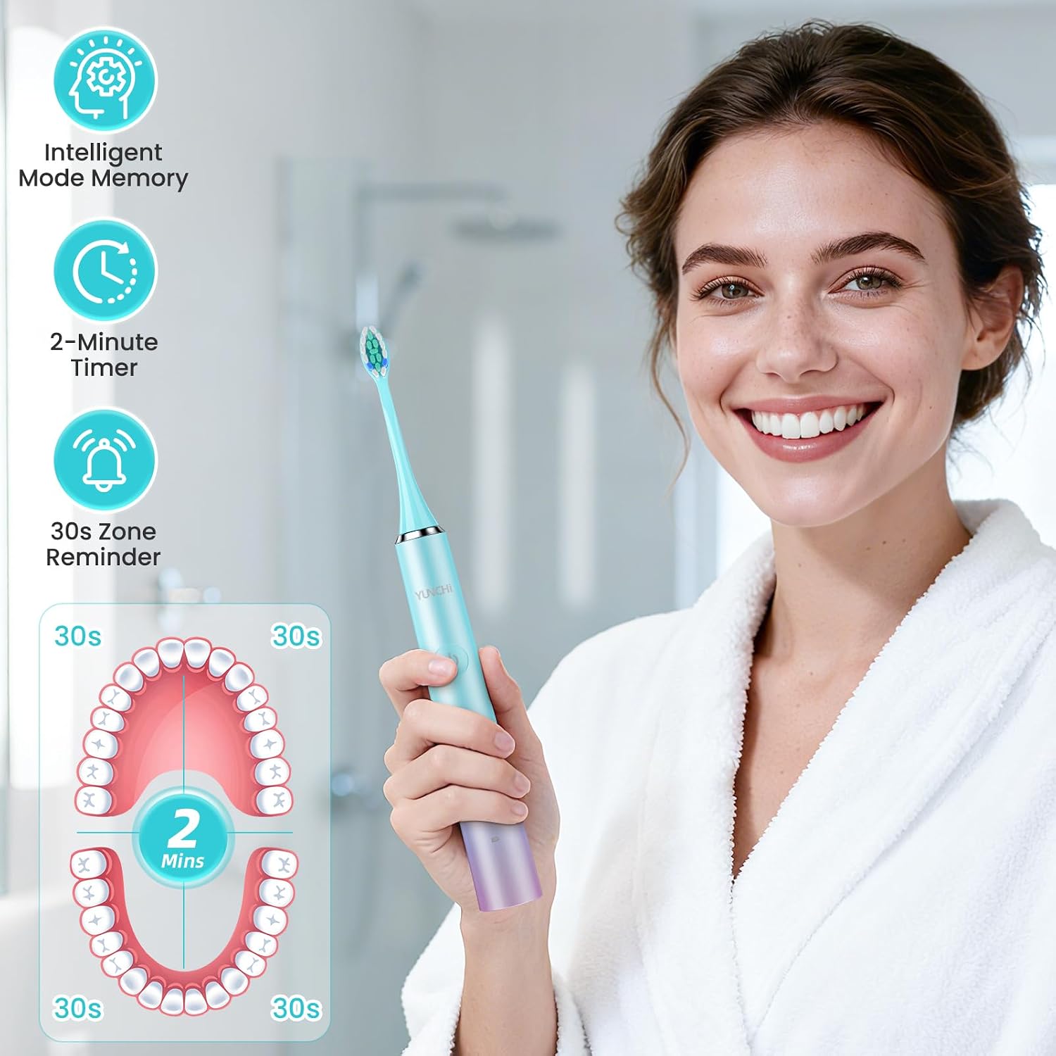 Thumbnail 4 de YUNCHI Y7 Rechargeable Sonic Electric Toothbrush (Blue) with 8 Brush Heads and Travel Case
