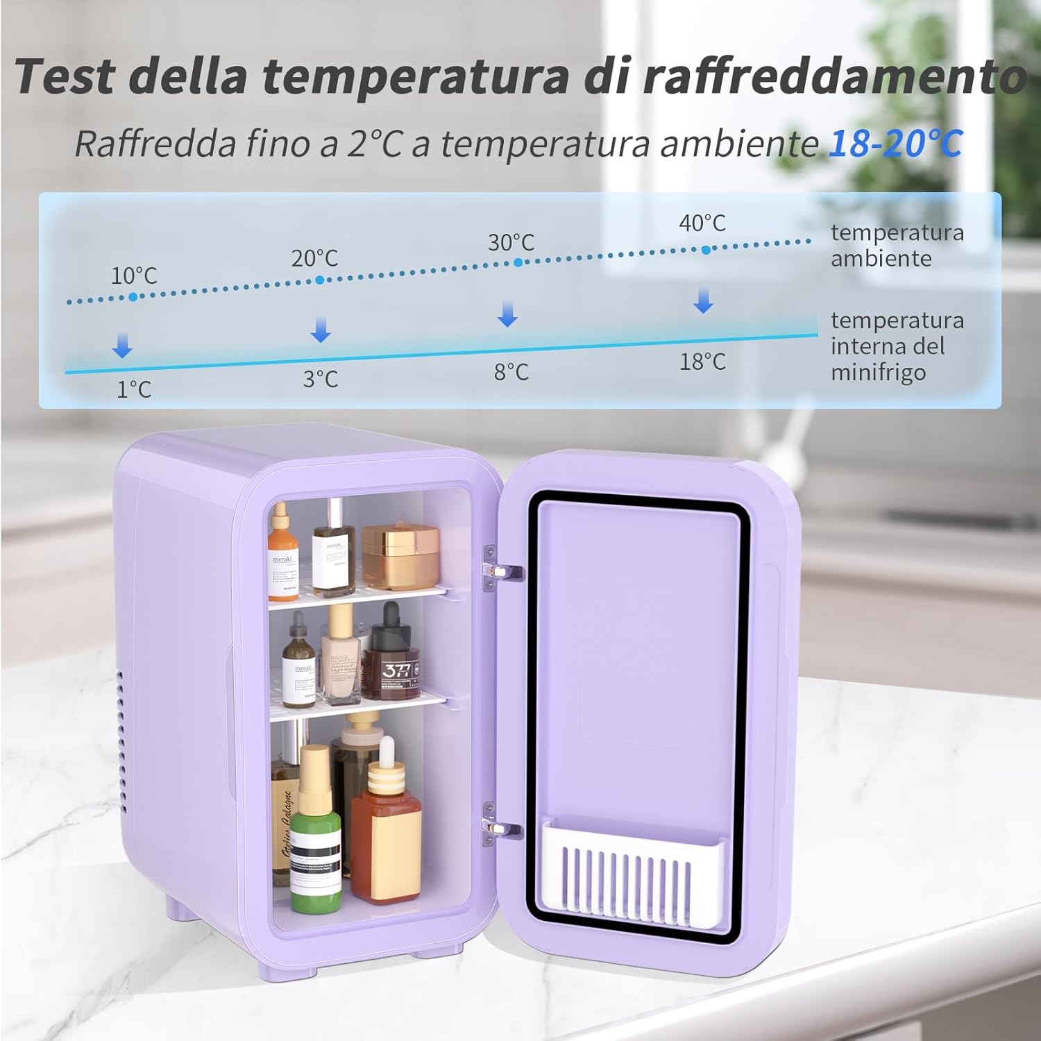 Detalle 2 de YASHE Mini frigo da 6 litri/8 lattine, raffreddamento e riscaldamento, AC/DC, viola