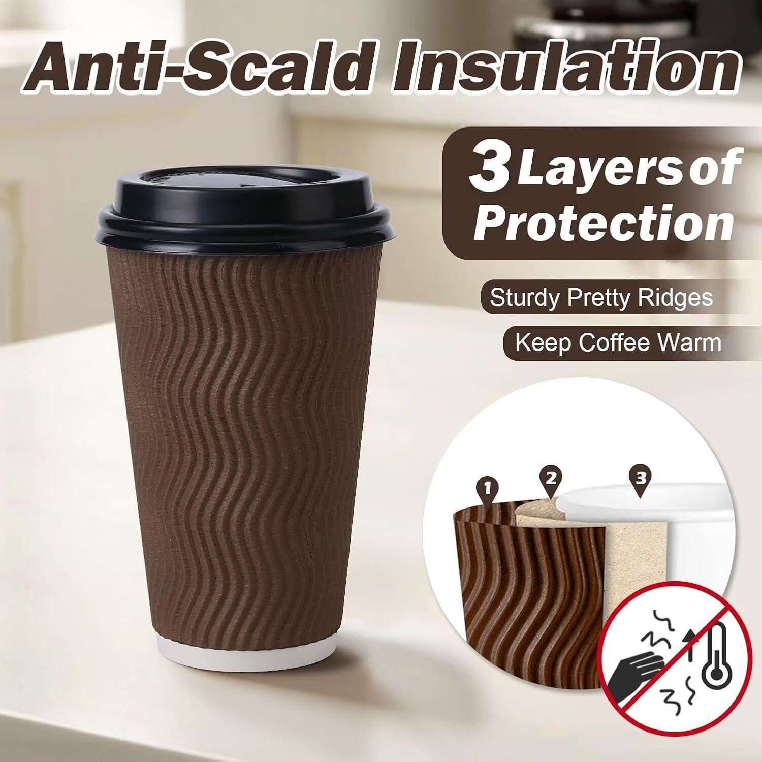 Detalle 2 de Huifany 16 oz Coffee Cups with Lids (50 Pack) — Insulated, Leak-Resistant, Disposable