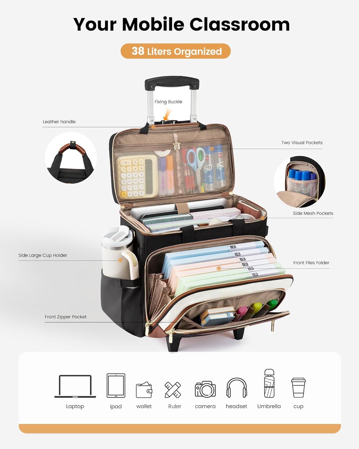 Detalle de LOVEVOOK Rolling Teacher Bag with Detachable Dolly and Laptop Compartment (Fits 17.3-inch Laptop)