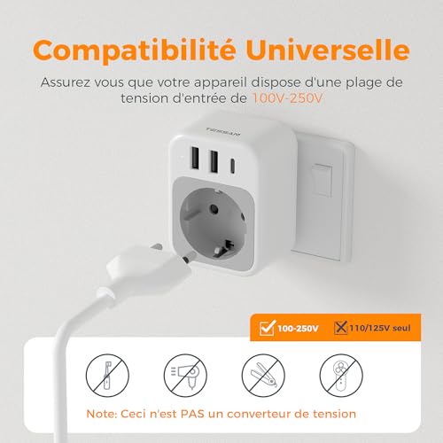 Detalle de TESSAN Lot de 2 Adaptateur Prise Sri Lanka – 4 en 1 pour voyage Inde avec USB, USB-C et Schuko