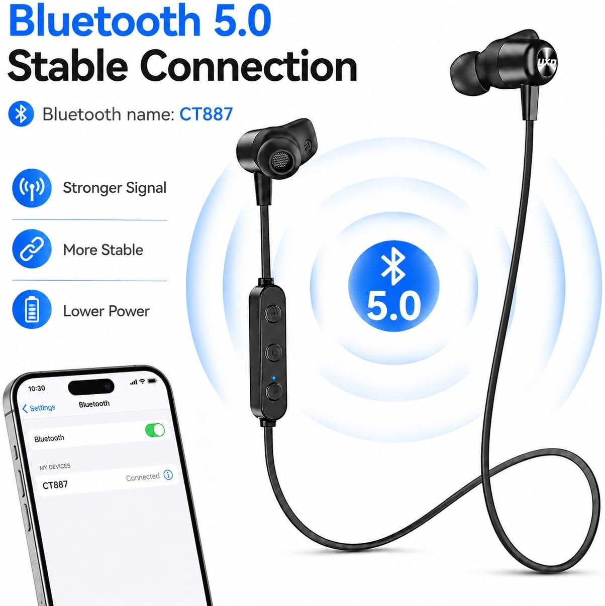 Detalle de UXD Wireless Bluetooth Neckband Headphones with Magnetic In-Ear Tips