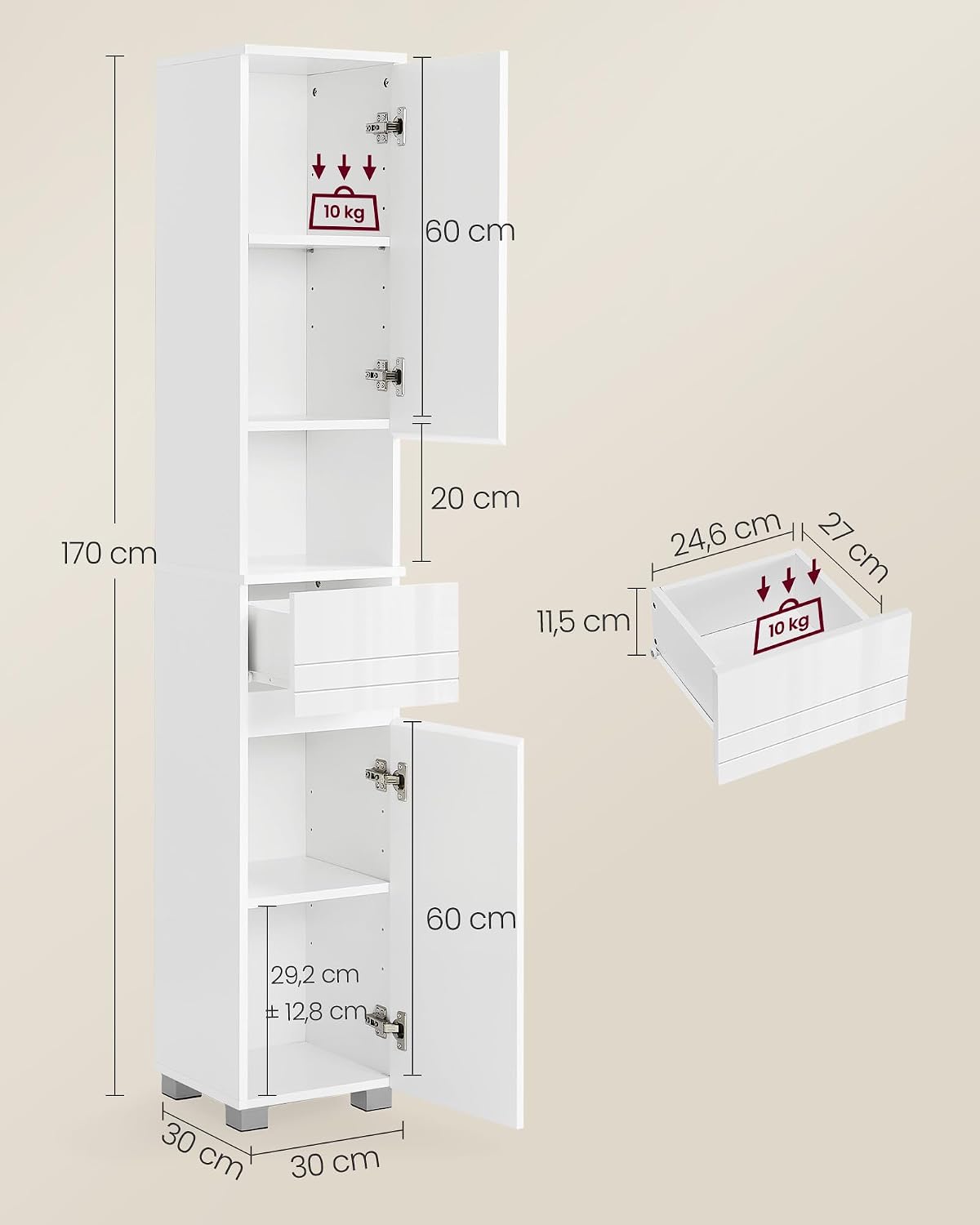 Detalle de VASAGLE BBC560P31 badkamerkast met lade, verstelbare legplanken en open vak, klassiek wit