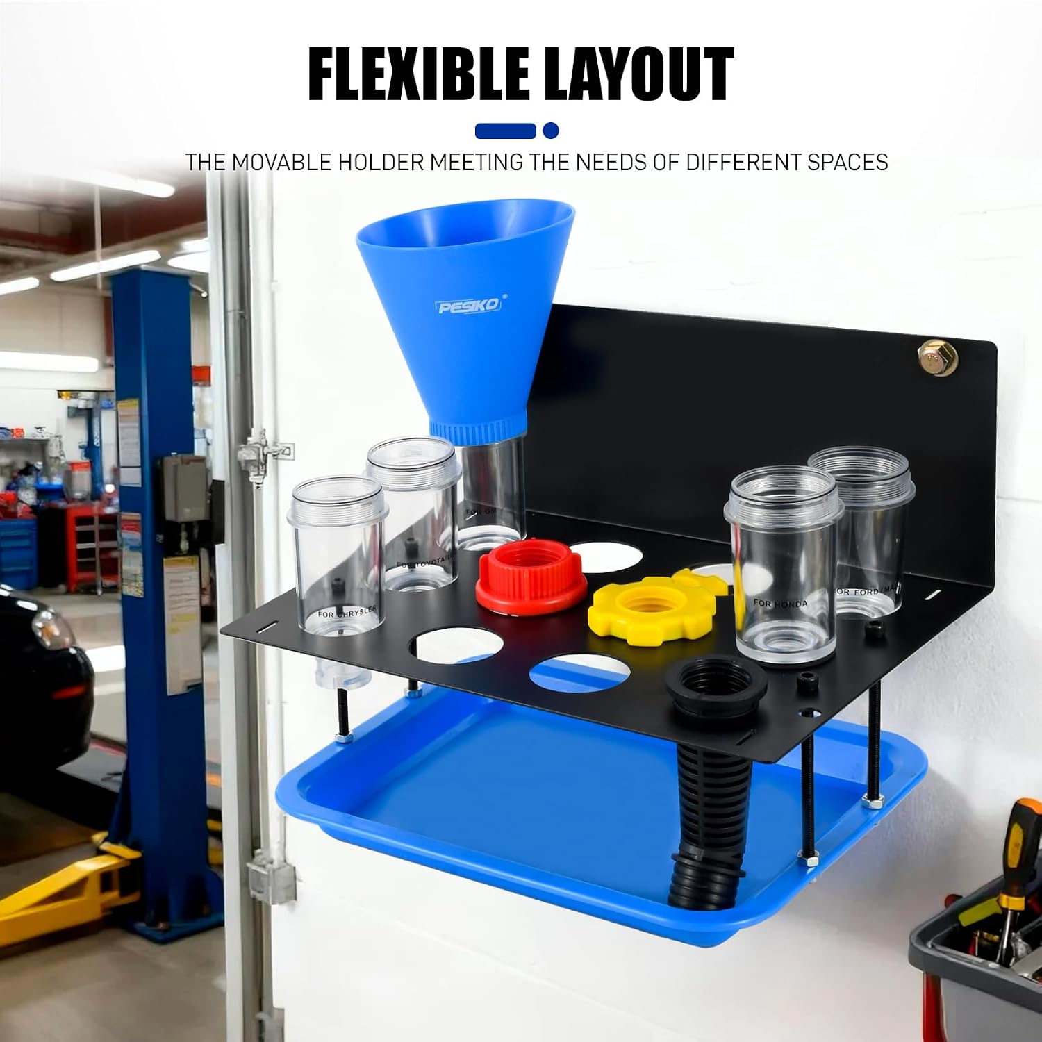 Detalle de PESIKO Engine Oil Funnel Kit: No Spill, Hands-Free Oil Change with 9 Adapters and Metal Storage Shelf
