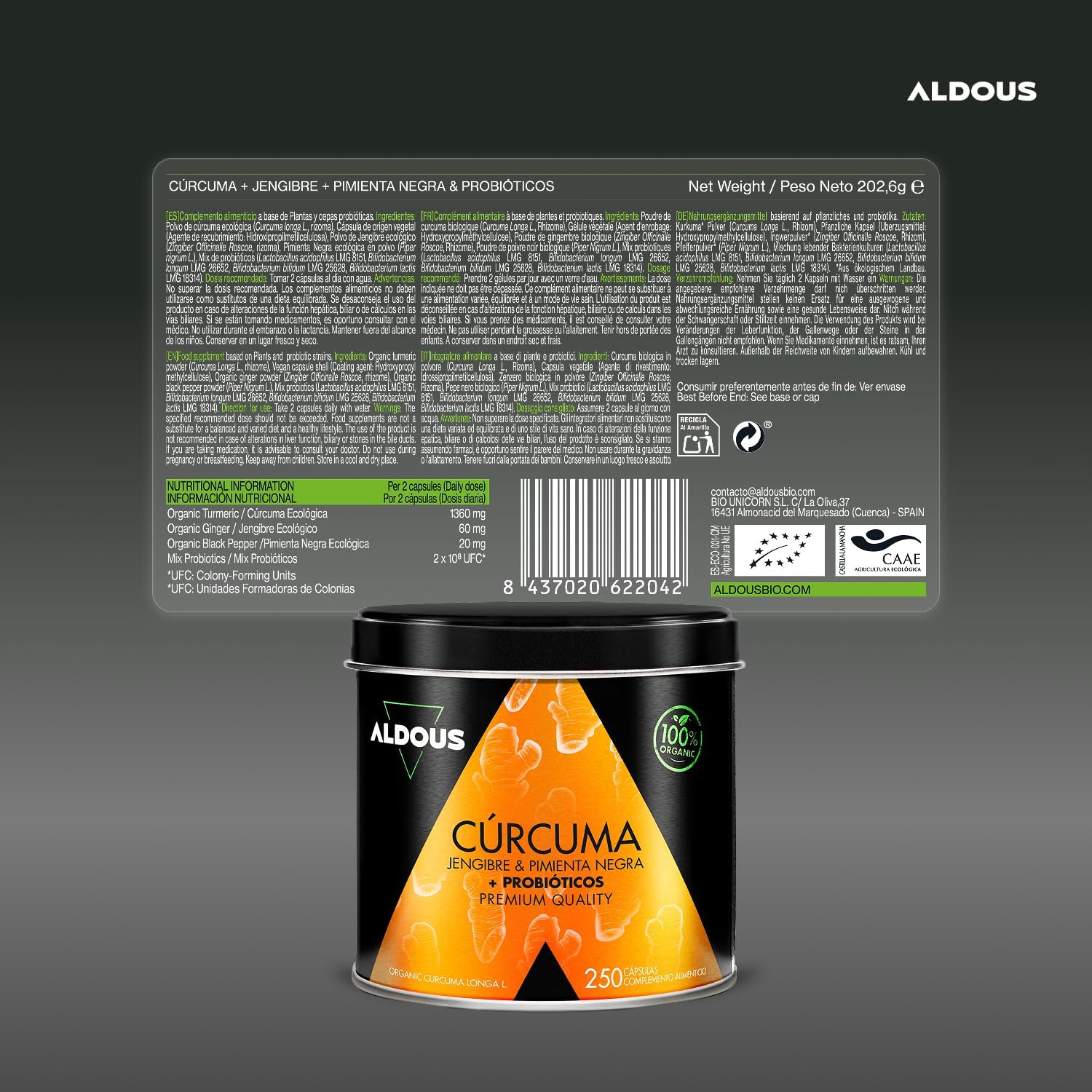 Detalle de Curcuma con Jengibre y Pimienta Negra PROBIÓTICOS de Aldous Bio – 250 cápsulas
