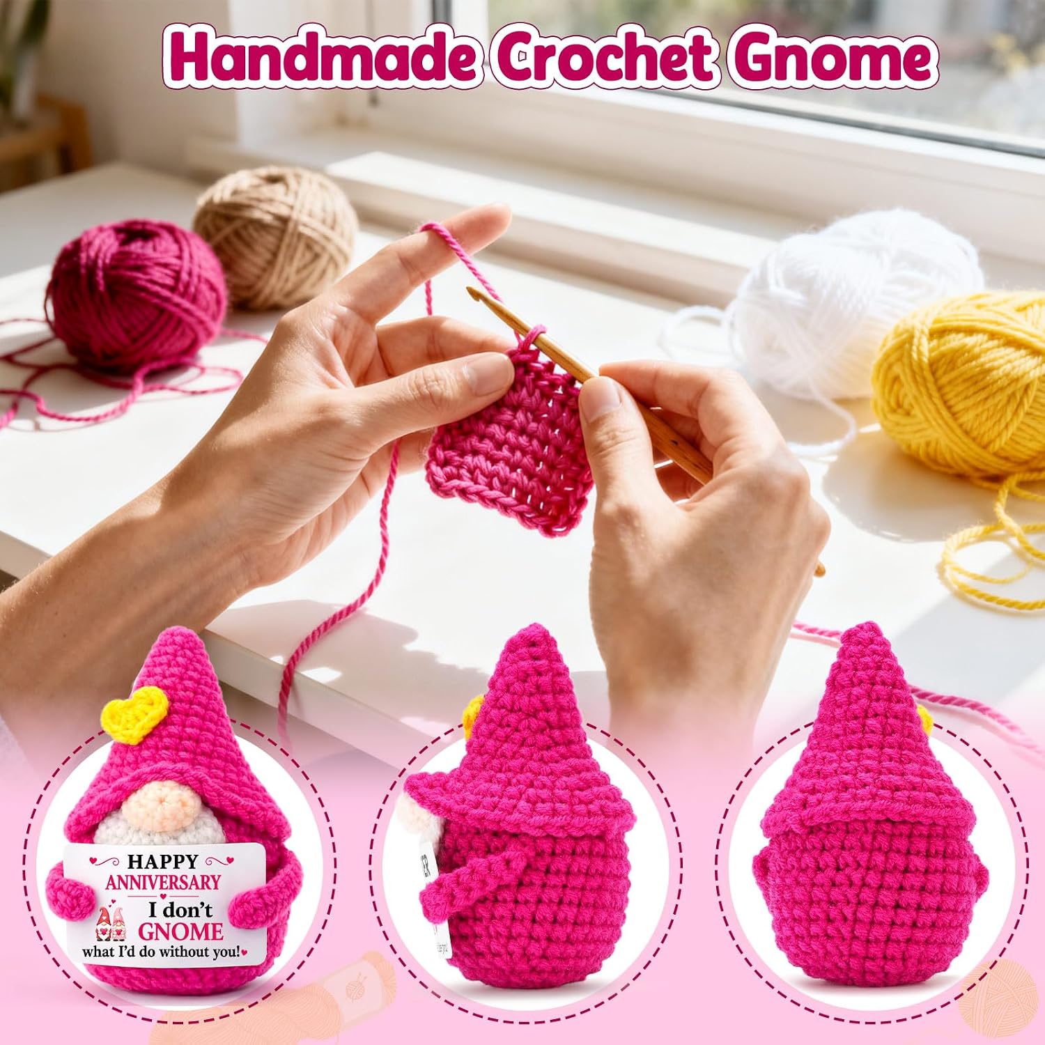 Thumbnail 2 de XgiftCreat HM012-doll Anniversary Crochet Gnome, Pink Knitted Keepsake
