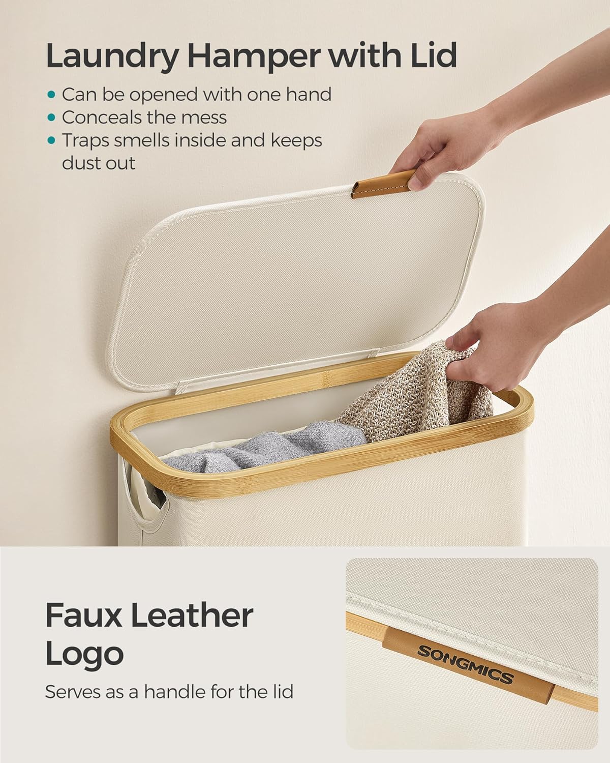 Detalle de SONGMICS LCB506W01 Slim Laundry Basket with Lid (65L) with Removable Mesh Liner
