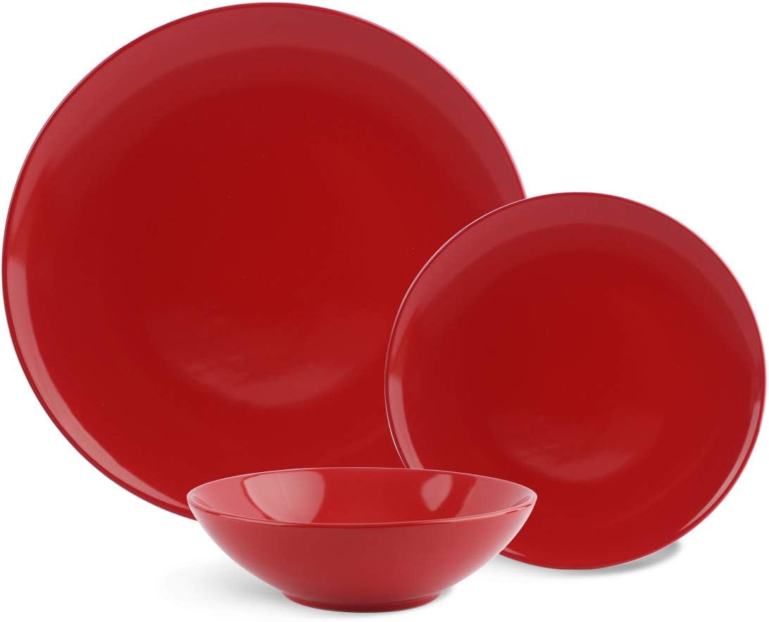 Detalle de Amazon Basics 18-Piece Stoneware Dinnerware Set – Fire Engine Red (Service for 6)
