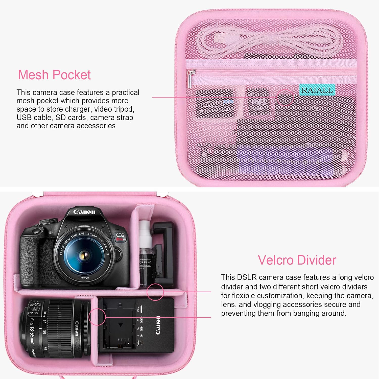 Detalle de RAIALL Camera Case for Canon EOS and Sony/Nikon DSLRs – Pink Hard Carrying Case