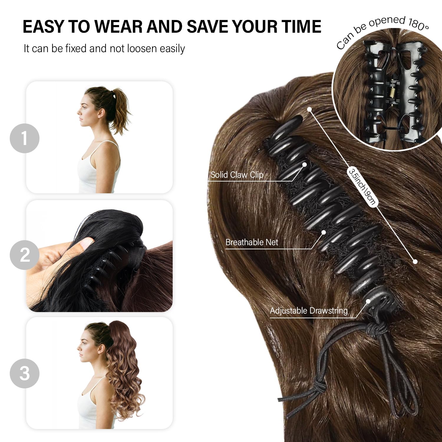 Detalle 2 de 24 Inch Clip-On Ponytail Extension for Women in Chestnut Brown With Golden Highlights