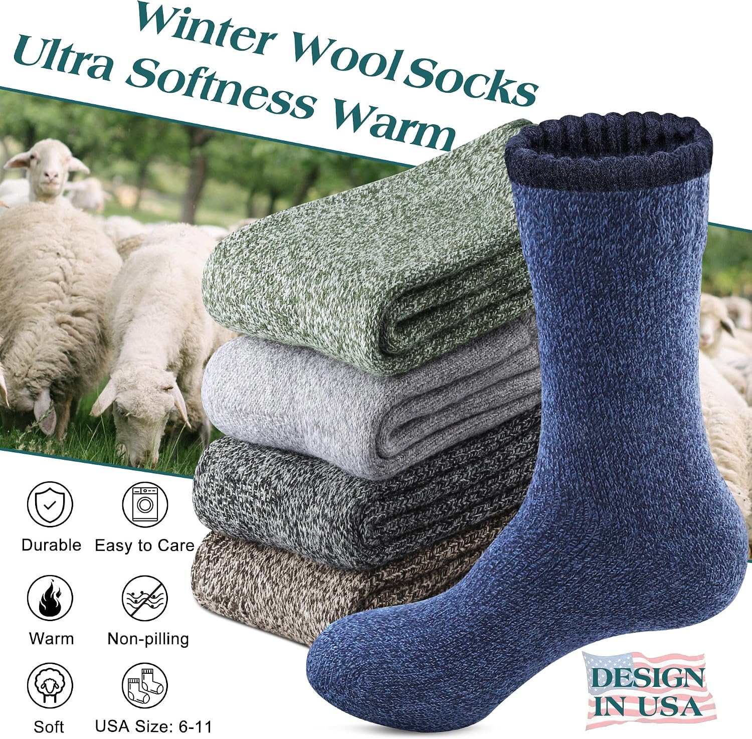 Detalle de Annsuki MS02-5P-Parent Merino Wool Socks, 5-Pack Thermal Crew Socks