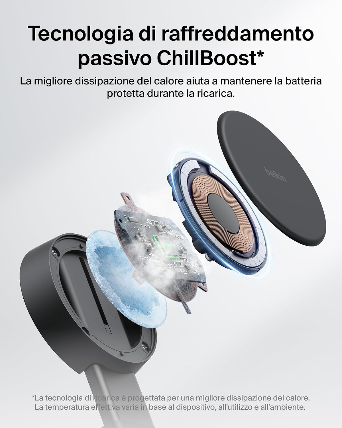 Detalle de Belkin UltraCharge Pro Caricatore Wireless Magnetico 2 in 1 MagSafe Qi2.2 25W con Alimentatore da 45W – Nero