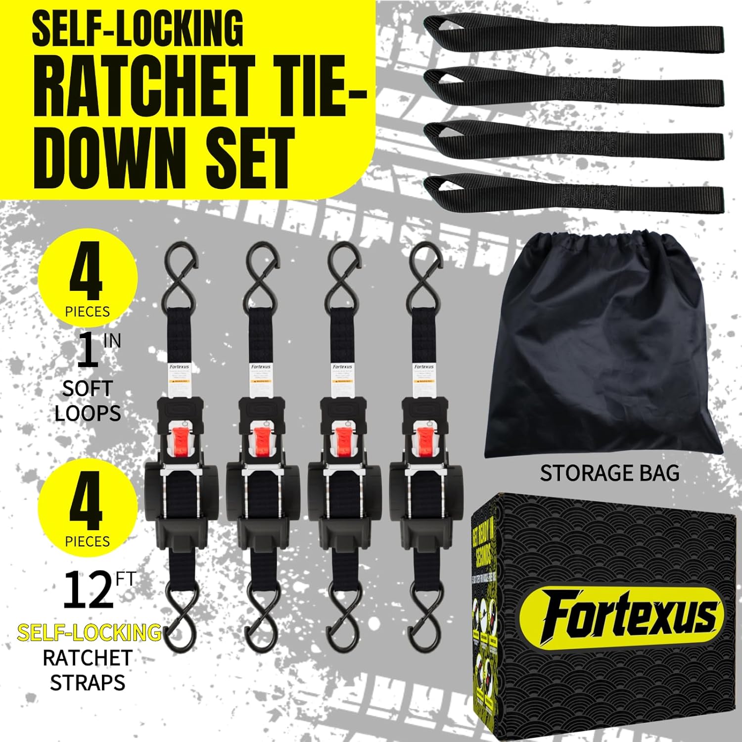 Detalle de Fortexus Retractable Ratchet Straps 1'' x 12 ft – 4 Pack (1760 lb) for ATV, Trailer, and More