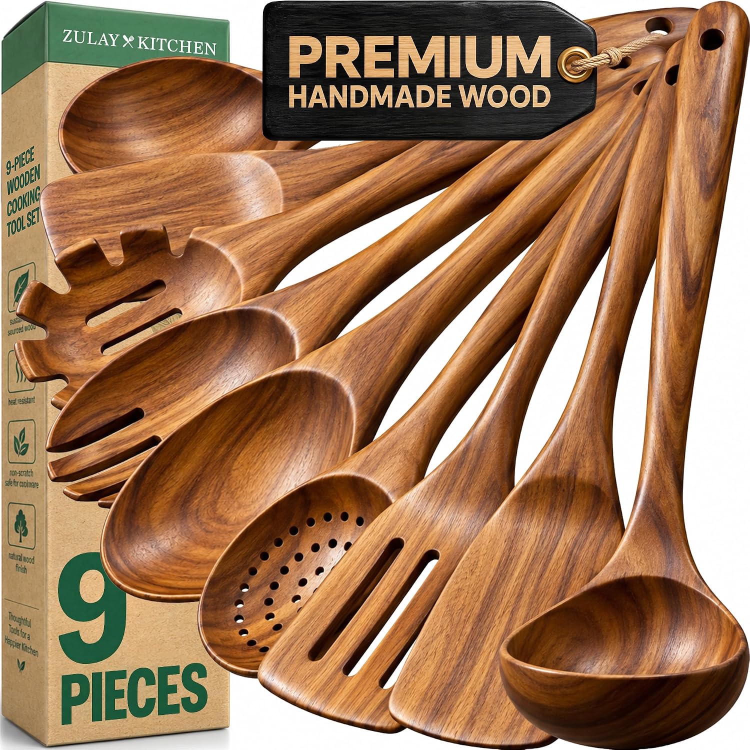Detalle de Zulay Kitchen 9-Piece Teak Wood Cooking Utensil Set (Non-Scratch, Non-Toxic) with Comfortable Grip