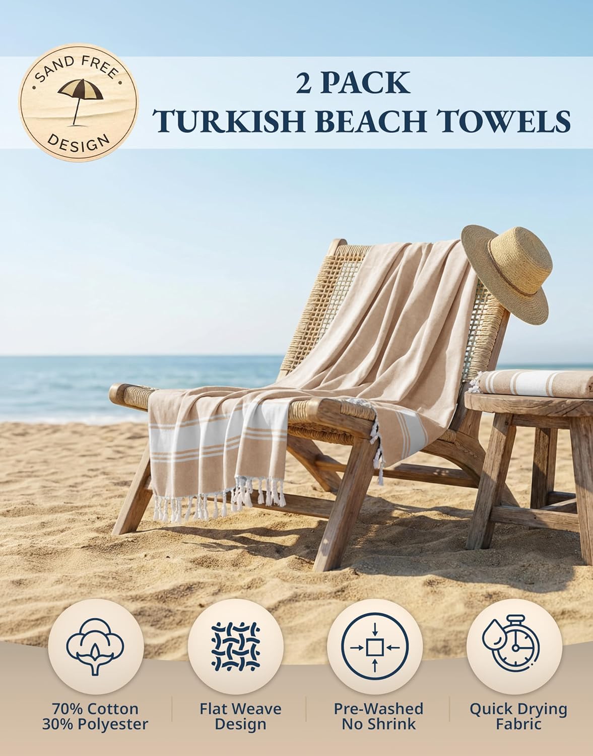 Thumbnail 1 de Lane Linen Oversized Beach Towels (2-Pack) Turkish Towels, Quick-Dry Sand-Proof, 39"x71" – Beige