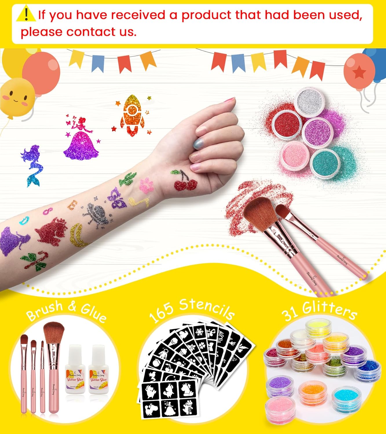 Detalle de Glitzer Tattoo Set Mädchen „Eleanore’s Diary“ – temporäre Bioglitzer-Tattoos mit 165 Schablonen, 31 Farben & 4 Pinseln