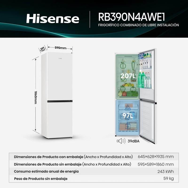 Detalle 2 de Frigorífico Combi Hisense RB390N4AWE1 No Frost 186 cm | 304L Blanco
