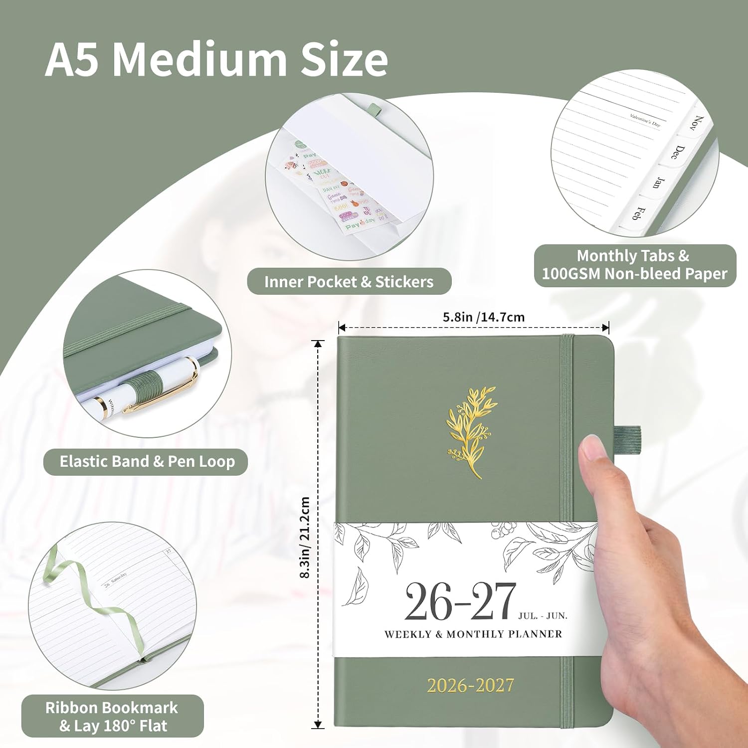 Detalle 2 de Blugool 2026-2027 Academic Planner, 5.8 x 8.3-Inch Weekly and Monthly, Sage Green