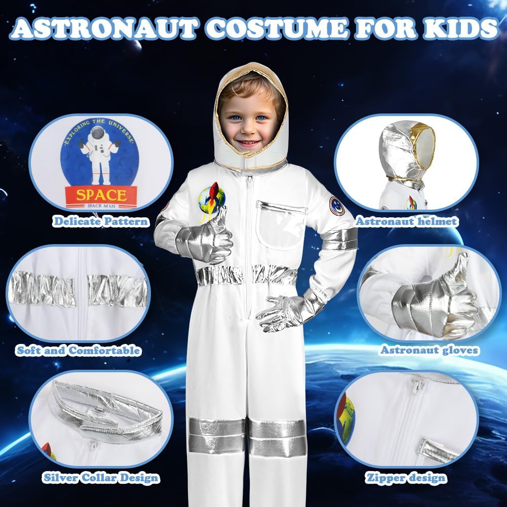 Thumbnail 1 de Aomig Kids Astronaut Costume (Unisex) with Helmet Bag and Gloves – Space Jumpsuit Fancy Dress for World Book Day