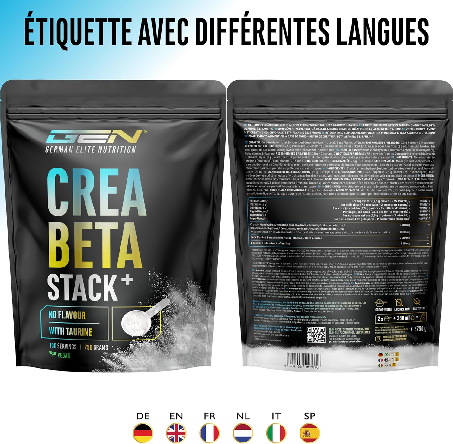 Thumbnail 5 de Creatin Beta Alanin Stack - Poudre 750 g : Créatine Monohydrate, Bêta-Alanine et L-Taurine, vegan et micronisée