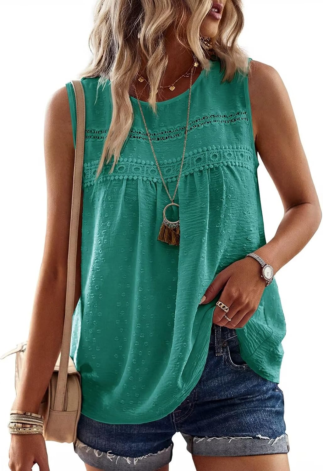Detalle de TUUHAW Tank Top Damen – Sommer-Top mit Boho-Spirit, Ärmellos, Rundhals und Swiss-Dot Muster