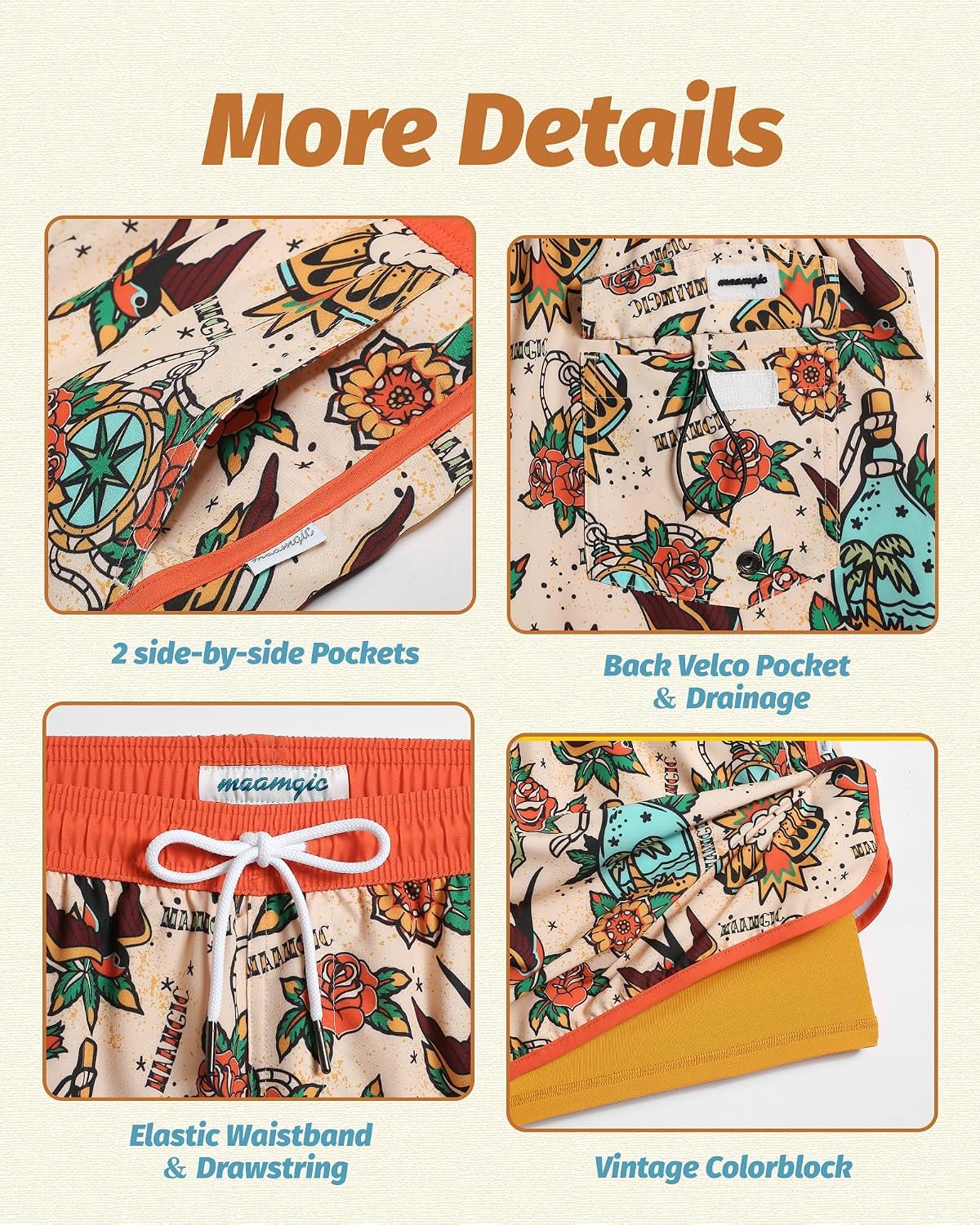 Detalle 2 de maamgic 80s/90s Vintage 5.5" Swim Trunks: 2-in-1 Quick-Dry Board Shorts